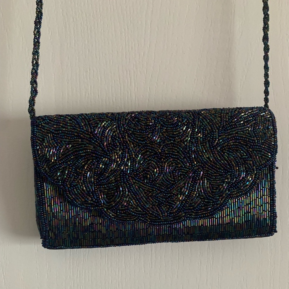 blue with multicolored beads clutch